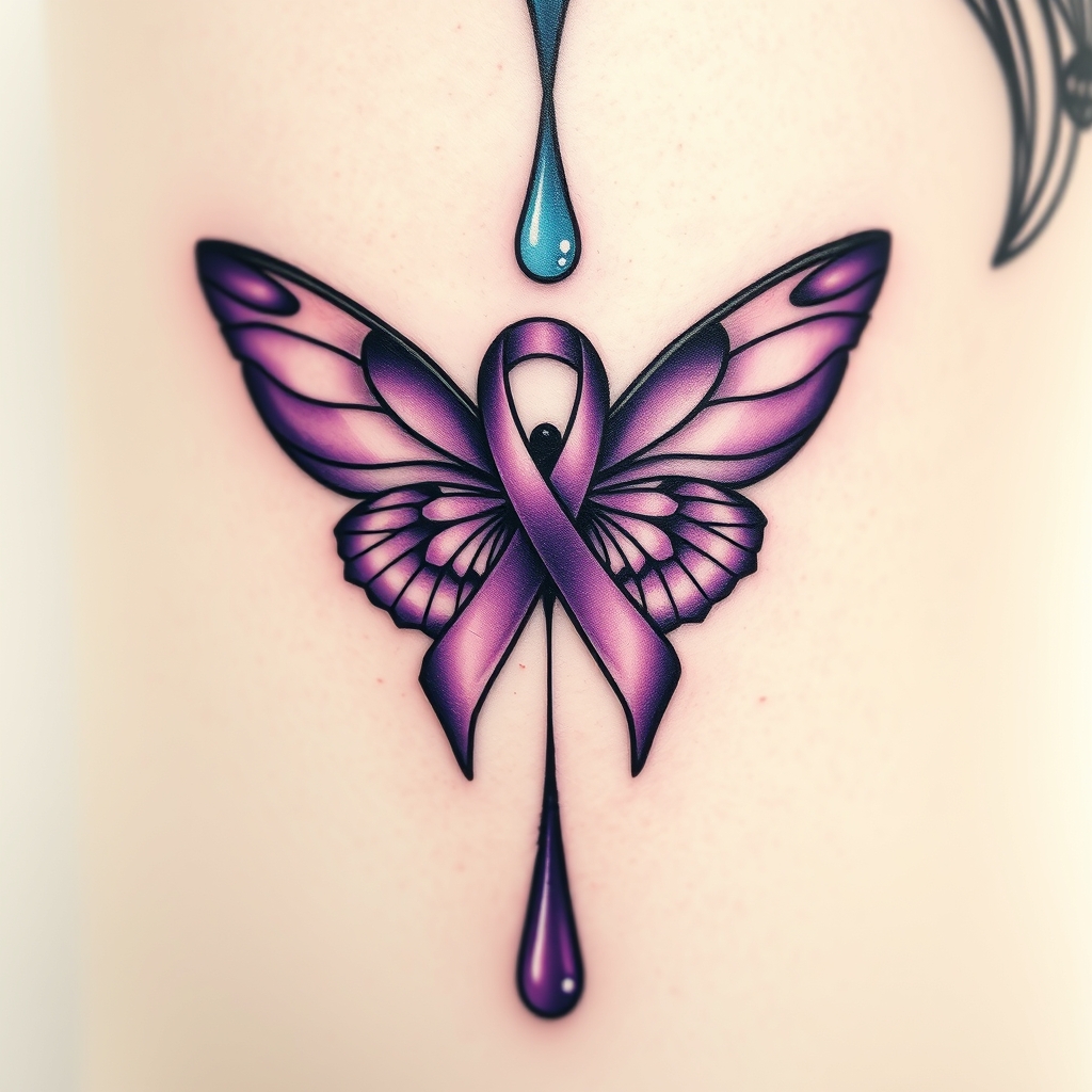 A tattoo design of A tear running down a woman's face with a domestic violence ribbon and a purple butterfly entwined together in the style of abstract. - domestic violence awareness tattoo design generated by AI tattoo generator