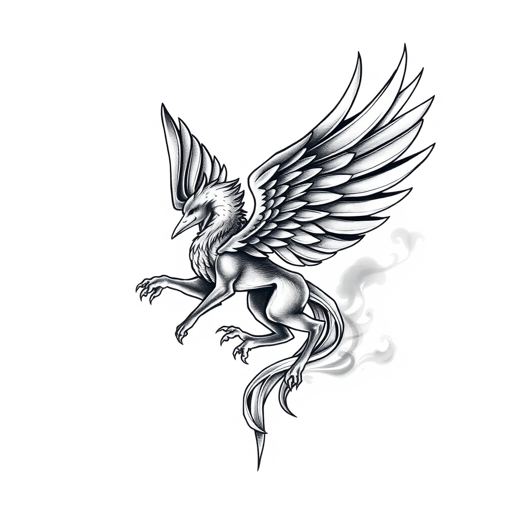 A tattoo design of A griffen in flight made of smoke in the style of geometric. - mythical creatures tattoo design generated by AI tattoo generator