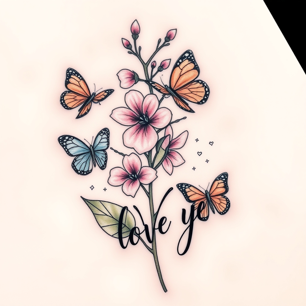 A tattoo design of Bloomed Larkspur with very little butterflies with I love you in cursive in the style of abstract. - flowers with insects tattoo design generated by AI tattoo generator