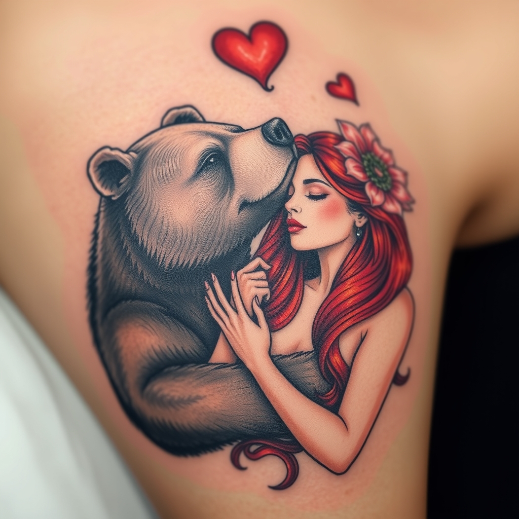 A tattoo design of Bear in love with redhead woman tattoo  in the style of surrealistic. - mythical creatures tattoo design generated by AI tattoo generator
