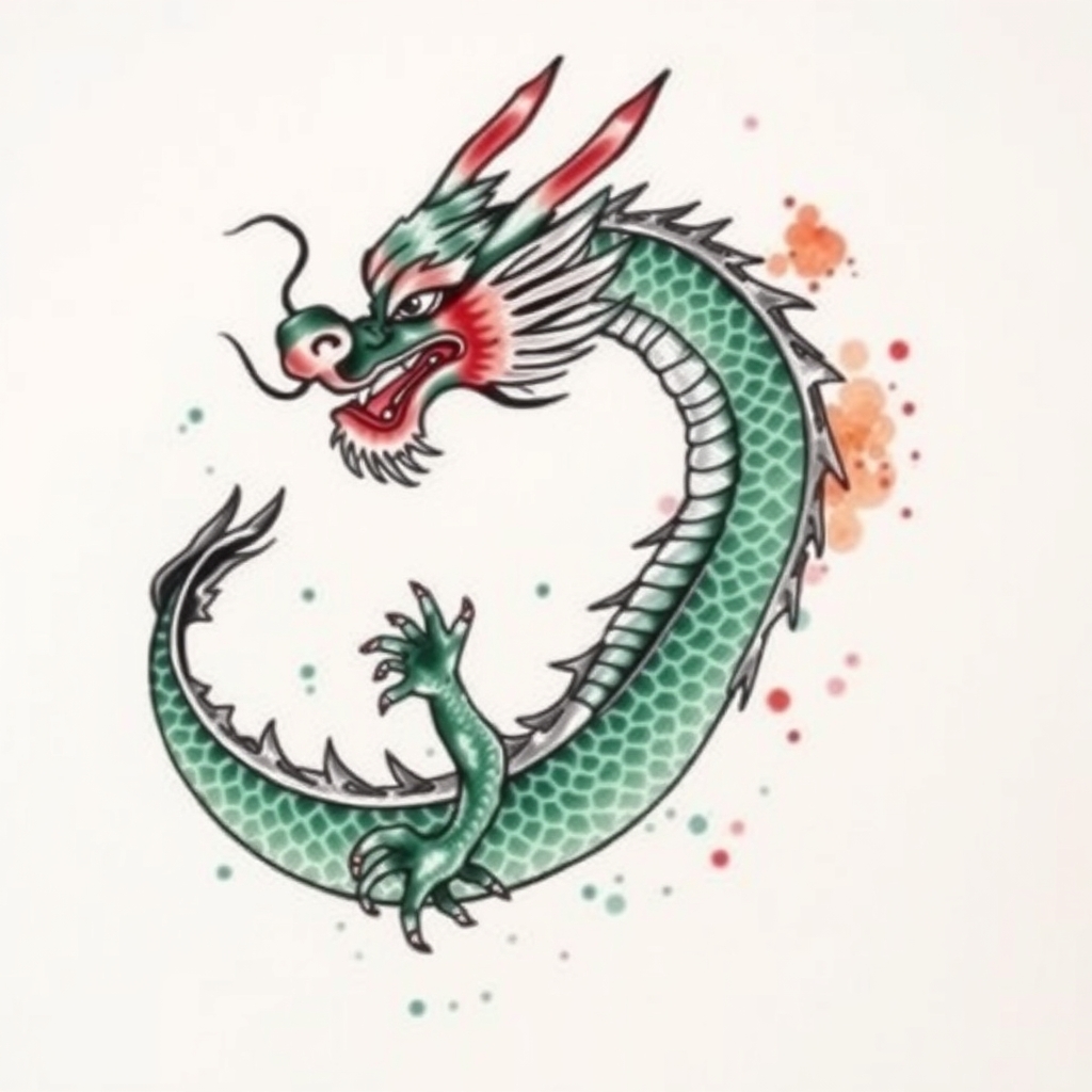 A tattoo design of Jade Dragon in the style of watercolor. - mythical creatures tattoo design generated by AI tattoo generator