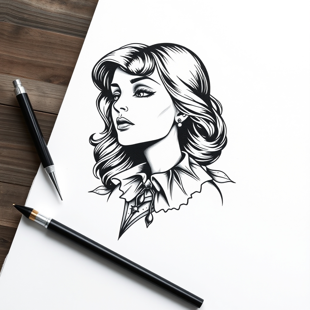 A tattoo design of b/w vintage woman collared on white paper in the style of blackwork. - vintage illustration tattoo design generated by AI tattoo generator