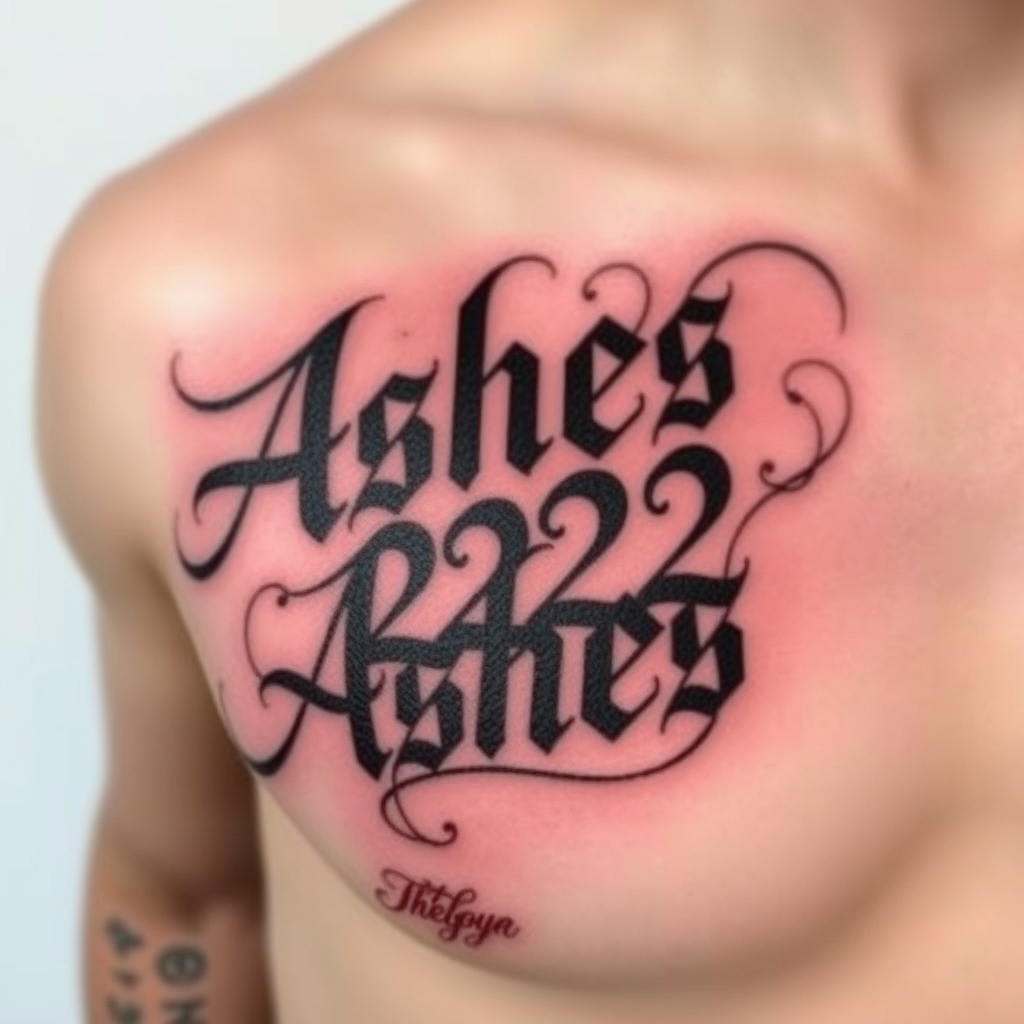 A tattoo design of Words "Ashes 222 Ashes" on left pectoralis in the style of abstract. - text phrase tattoo design generated by AI tattoo generator