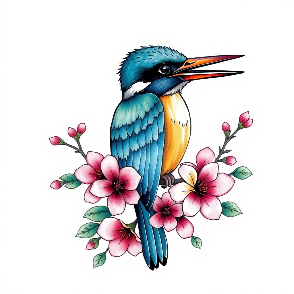 A tattoo design of Kingfisher and cherry blossoms in colour in the style of watercolor. - animals and flowers tattoo design generated by AI tattoo generator