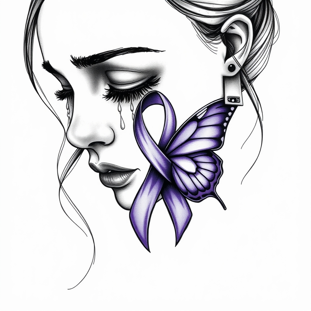 A tattoo design of A woman crying with the domestic awareness ribbon with a purple butterfly entwined together in the style of blackwork. - awareness ribbon tattoo design generated by AI tattoo generator