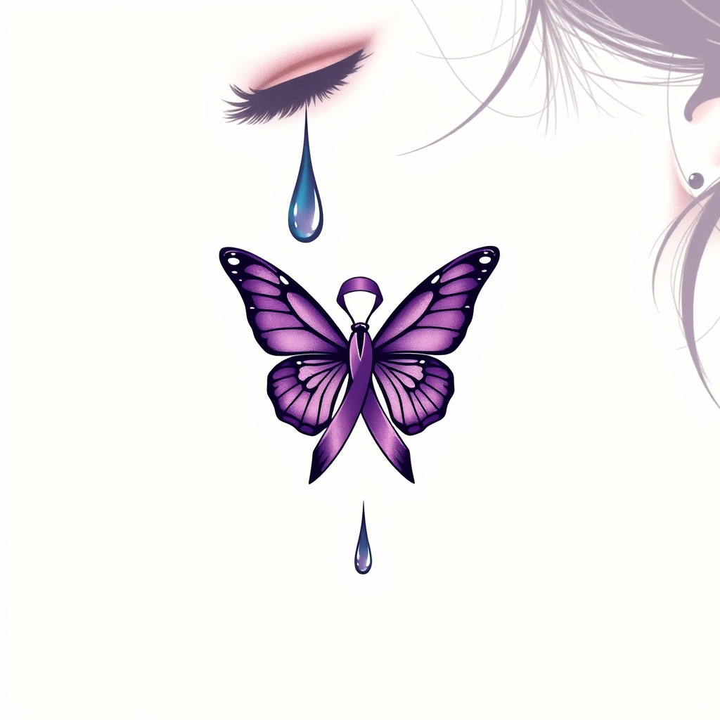 A tattoo design of A tear running down a woman's face with a domestic violence ribbon and a purple butterfly entwined together in the style of minimalist. - domestic violence awareness tattoo design generated by AI tattoo generator