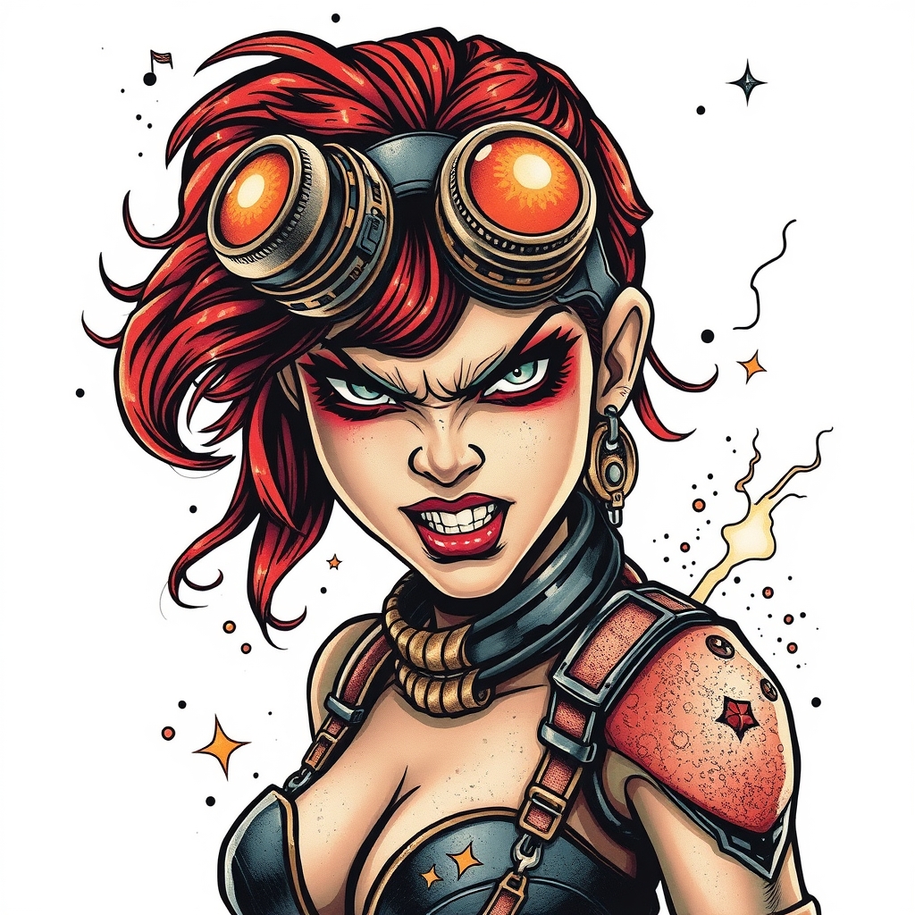 A tattoo design of Steampunk superhero girl who is angry in the style of surrealistic. - steampunk superhero tattoo design generated by AI tattoo generator