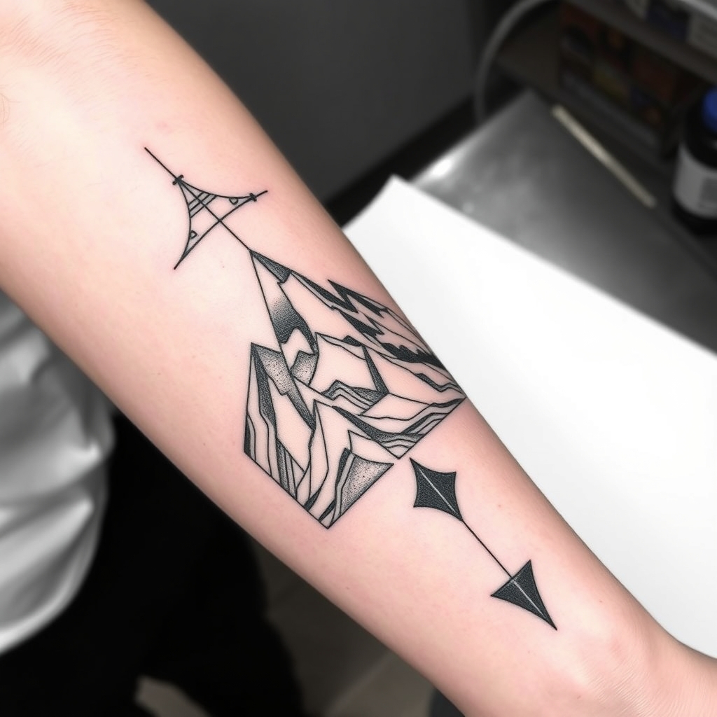 A tattoo design of Vertically Long Masculine peruvian tattoo for a forearm with mountains and line work in the style of geometric. - nature landscape tattoo design generated by AI tattoo generator