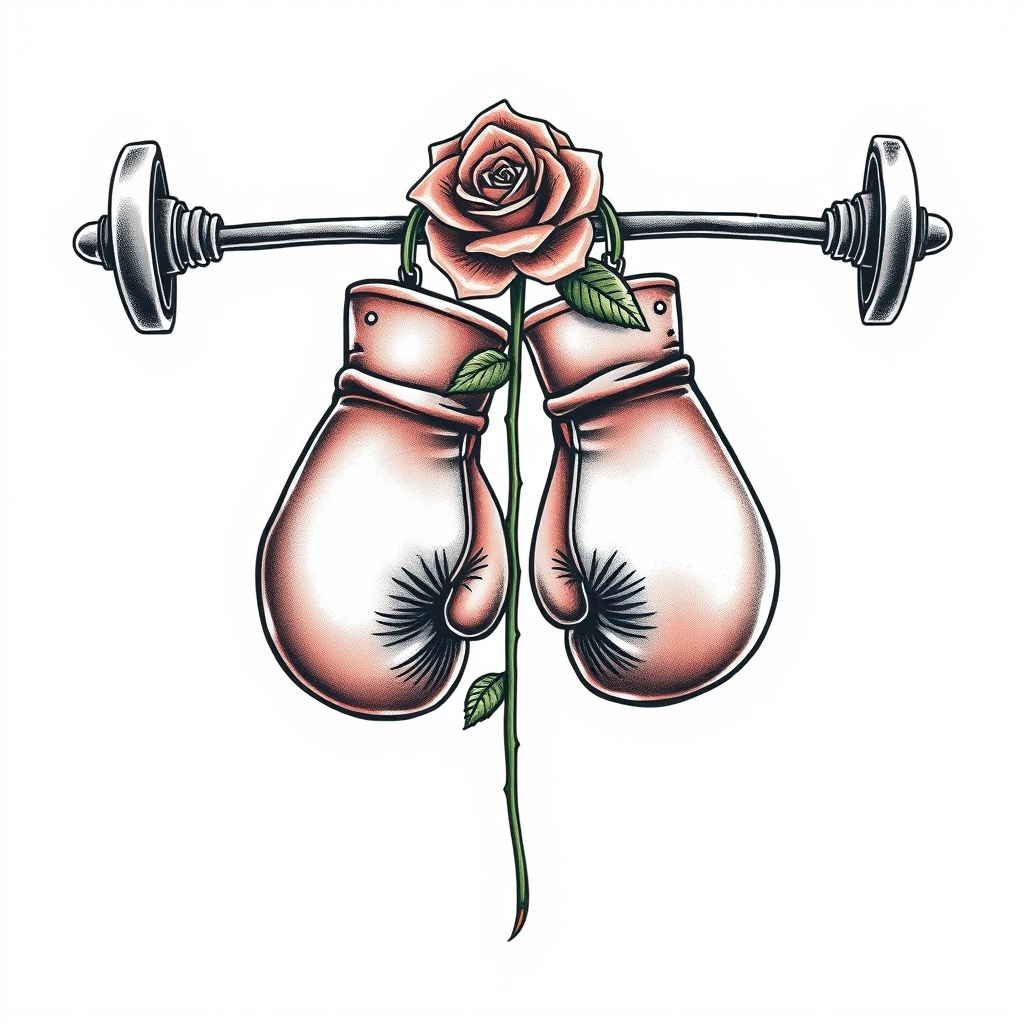 A tattoo design of Pair of boxing gloves hanging on a barbell with a single rose in the style of realistic. - fitness boxing tattoo design generated by AI tattoo generator