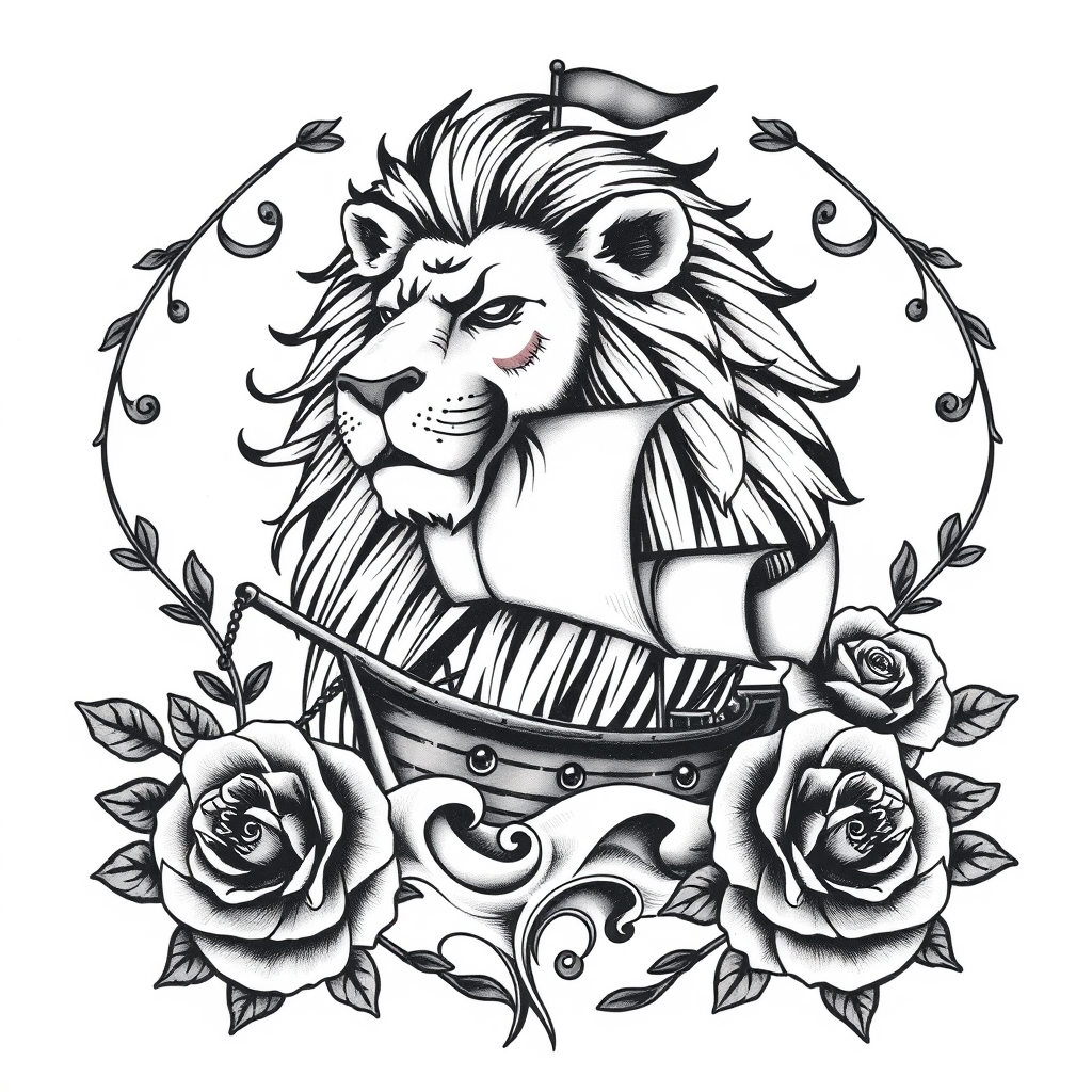 A tattoo design of Lion and pirate ship and roses in the style of traditional. - mixed symbolism tattoo design generated by AI tattoo generator