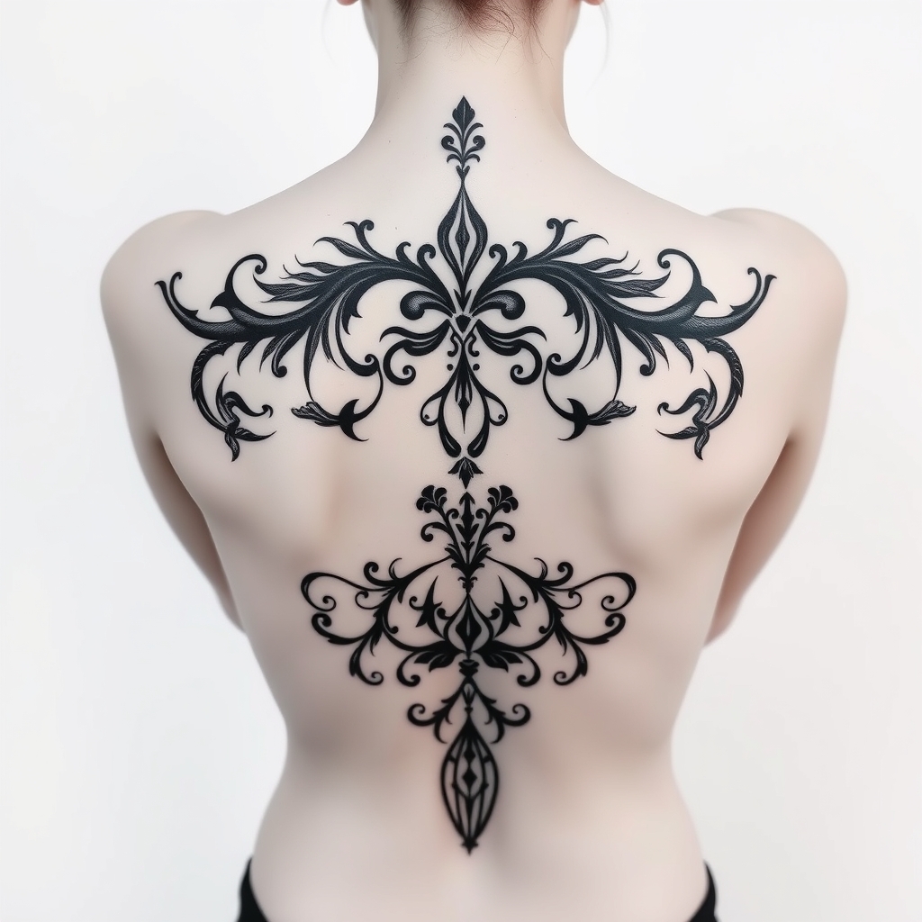 A tattoo design of Decorative back tattoo in art nouveau style in all black, going from the outer tips of the shoulders down the middle of the spine. in the style of minimalist. - back tattoo tattoo design generated by AI tattoo generator