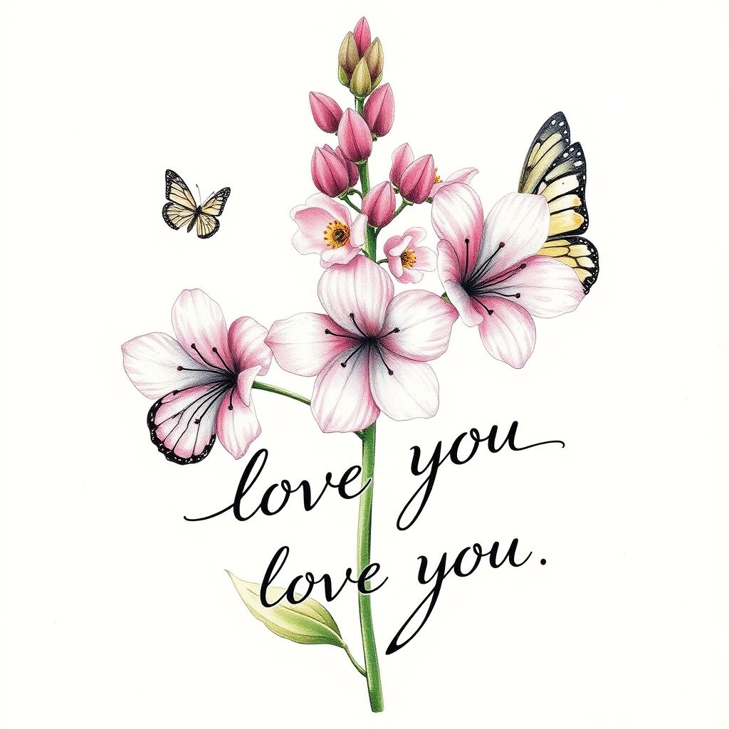 A tattoo design of Bloomed Larkspur with very little butterflies with I love you in cursive in the style of realistic. - flowers tattoo design generated by AI tattoo generator