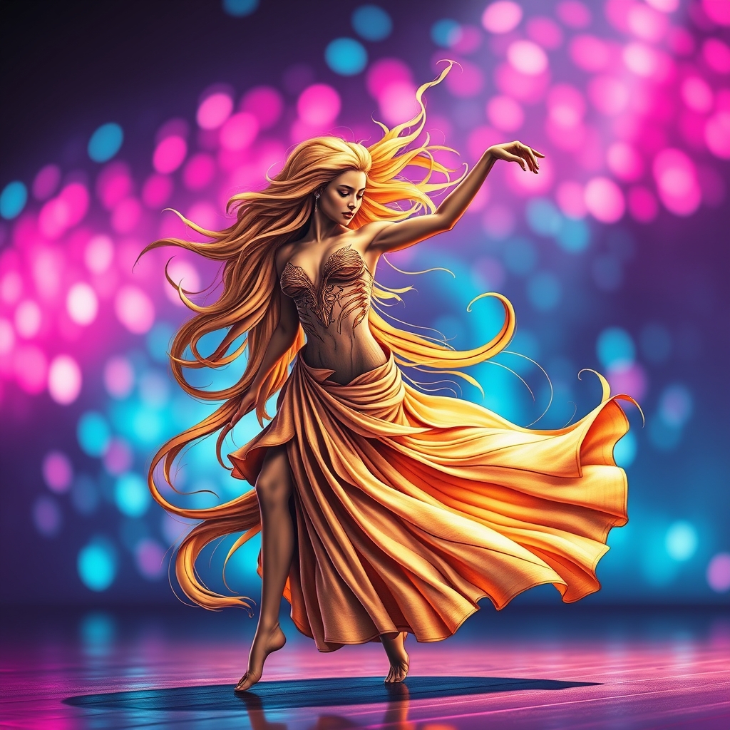 A tattoo design of A breathtakingly human woman dances mid-pose, her movement caught between motion and stillness. Her hair flows like liquid gold in slow gravity, while her form spirals with the grace of a Fibonacci shell. The background glows with radiant neon pinks and electric blues — a dreamy surreal night with shimmering bokeh. Her expression is pure reverie, as if music moves through her bones. The lighting casts soft shadows that carve her features in high-resolution detail, almost too perfect to be real. in the style of traditional. - human figure tattoo design generated by AI tattoo generator