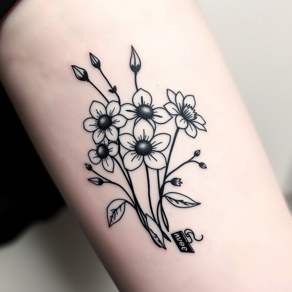 A tattoo design of Flowers growing amongst disaster. A black and white fine line tattoo in the style of minimalist. - dark fantasy nature tattoo design generated by AI tattoo generator