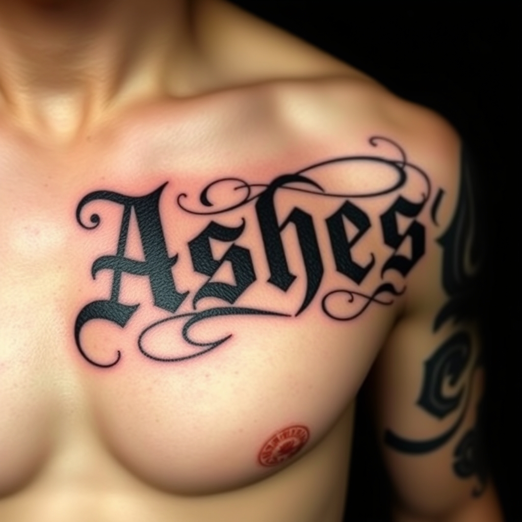 A tattoo design of Words "Ashes 222 Ashes" on left pectoralis in the style of traditional. - text tattoo design generated by AI tattoo generator