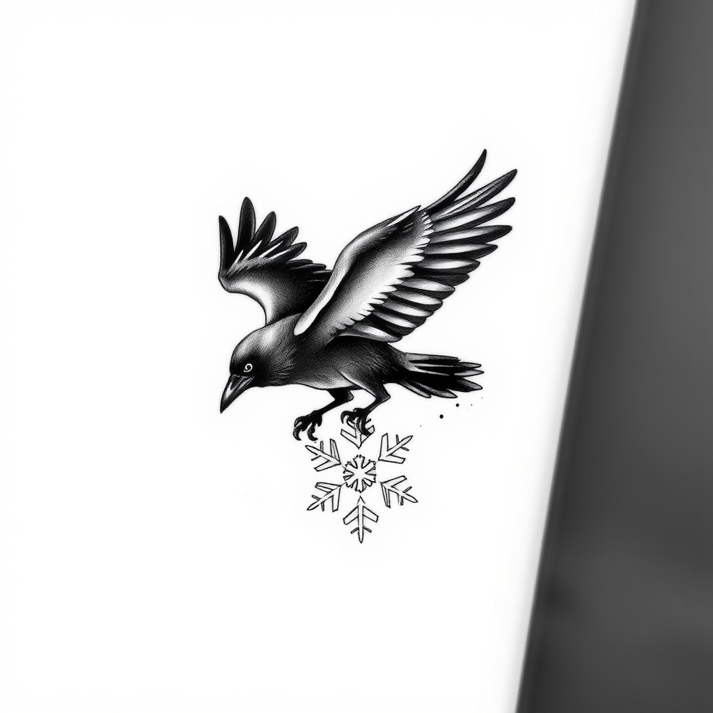 A tattoo design of Can you create a visual representation of my tattoo concept and generate the image in black and white, including subtle shading or grayscale details for depth ?  A minimalistic yet detailed tattoo design of a black raven taking off from a delicate white snowflake, with the snowflake breaking into fine, detailed snow dust. The raven is mid-flight, wings spread gracefully, and the snowflake beneath its claws is disintegrating into soft, intricate snow particles to emphasize motion and lightness. The lines are fine and clean, balancing realism and simplicity for a small, elegant tattoo. The design is subtle but expressive, ideal for a discreet and symbolic piece.  in the style of watercolor. - raven and snowflake tattoo design generated by AI tattoo generator
