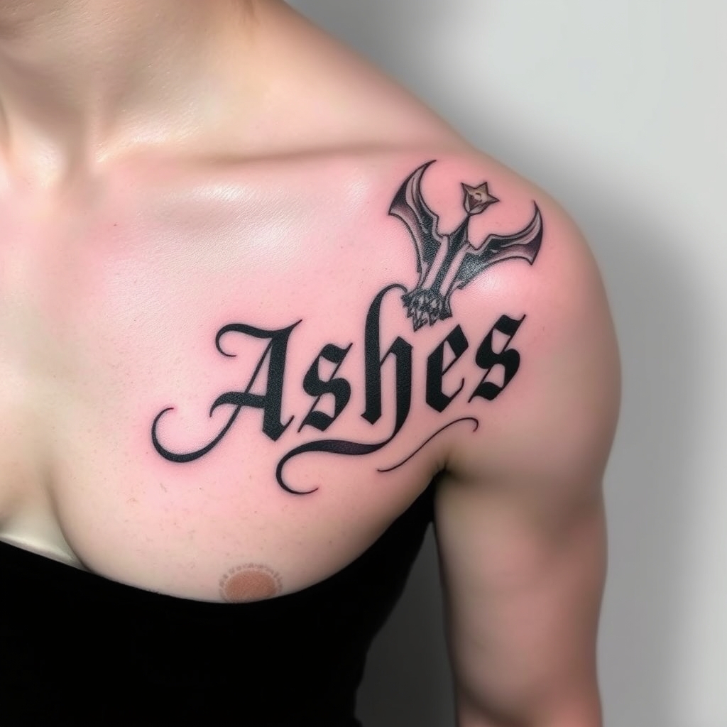 A tattoo design of Words "Ashes 222 Ashes" on left pectoralis in the style of abstract. - text tattoo design generated by AI tattoo generator