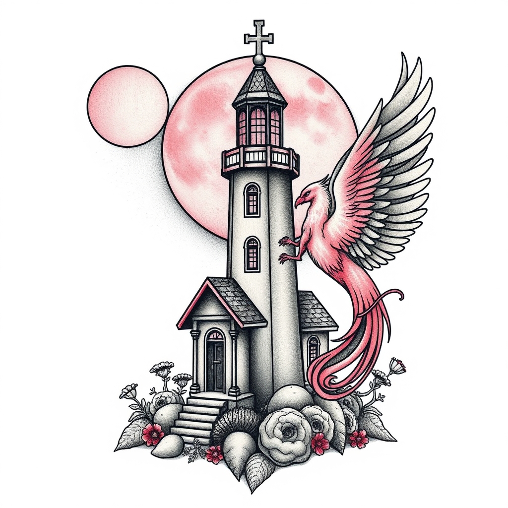 A tattoo design of Chapel with light house pink moon an lupine an phoenix  in the style of realistic. - mythical creatures and architecture tattoo design generated by AI tattoo generator