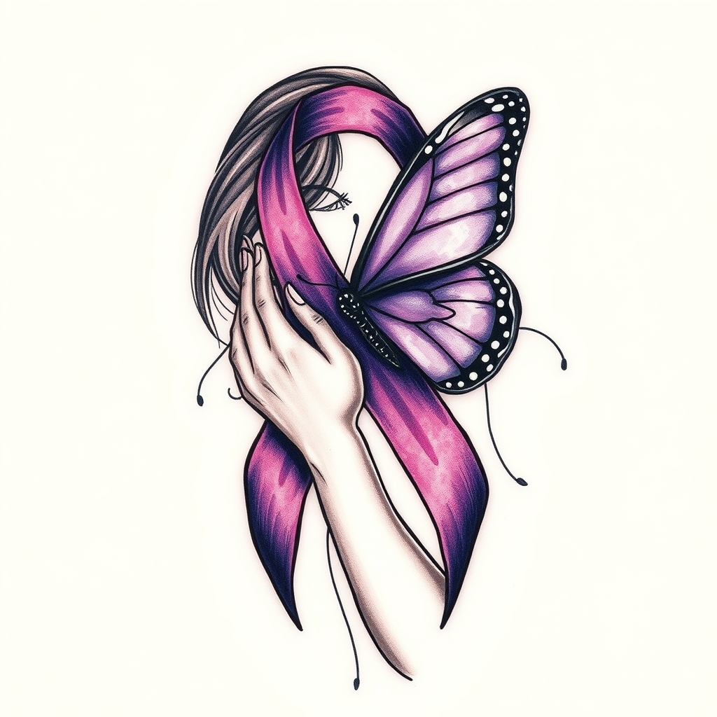 A tattoo design of Domestic violence ribbon awareness inclined together with a purple butterfly as a women hunched over her hands overing her face in the style of abstract. - domestic violence awareness tattoo design generated by AI tattoo generator
