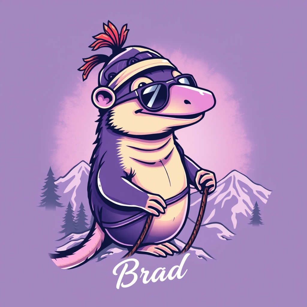 A tattoo design of A platypus who wears a backwards hat and sunglasses, loves the color purple, and is rock climbing with a rope and harness on a mountain with trees in the background. His name is Brad and he is goofy. in the style of abstract. - animal tattoo design generated by AI tattoo generator