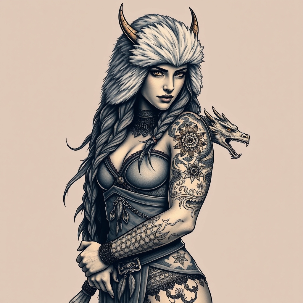 A tattoo design of Pin up fur covered northern warrior goddess with a dragon tattoo wrapped around her left arm full body in the style of realistic. - mythological figure tattoo design generated by AI tattoo generator