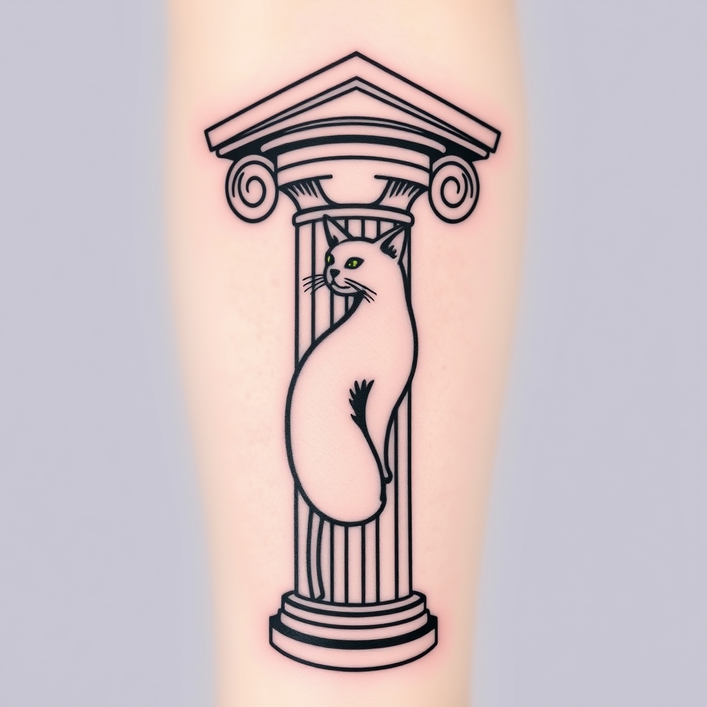 A tattoo design of Greek pillar with a cat  in the style of minimalist. - greek architecture tattoo design generated by AI tattoo generator