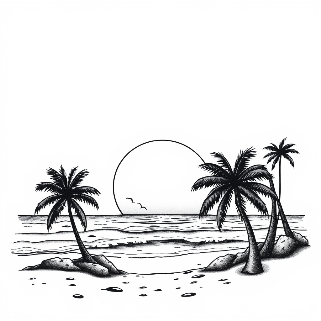 A tattoo design of Sunset beach with palm trees in the style of blackwork. - beach scene tattoo design generated by AI tattoo generator