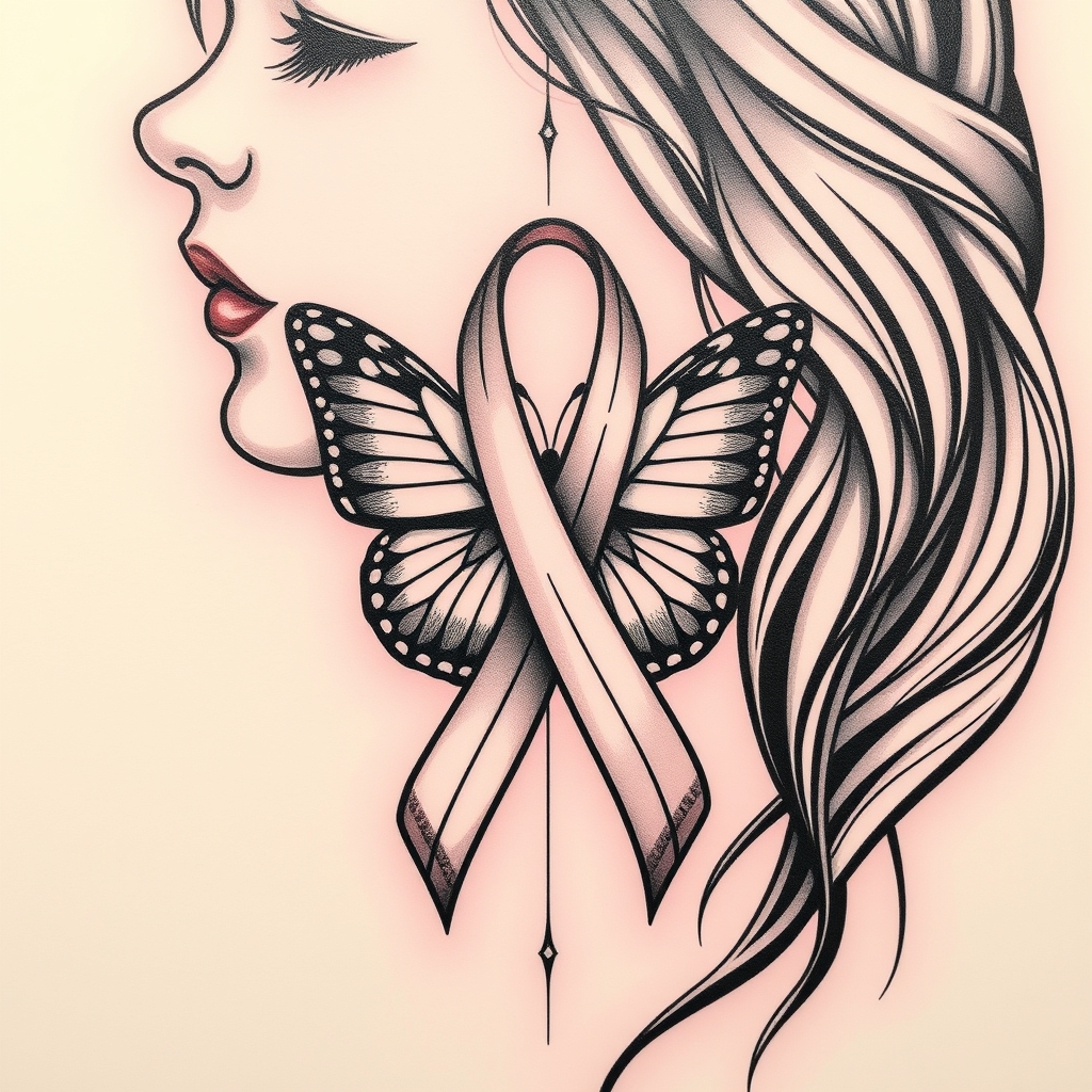 A tattoo design of A woman crying with the domestic awareness ribbon with a butterfly entwined together in the style of geometric. - domestic awareness tattoo design generated by AI tattoo generator