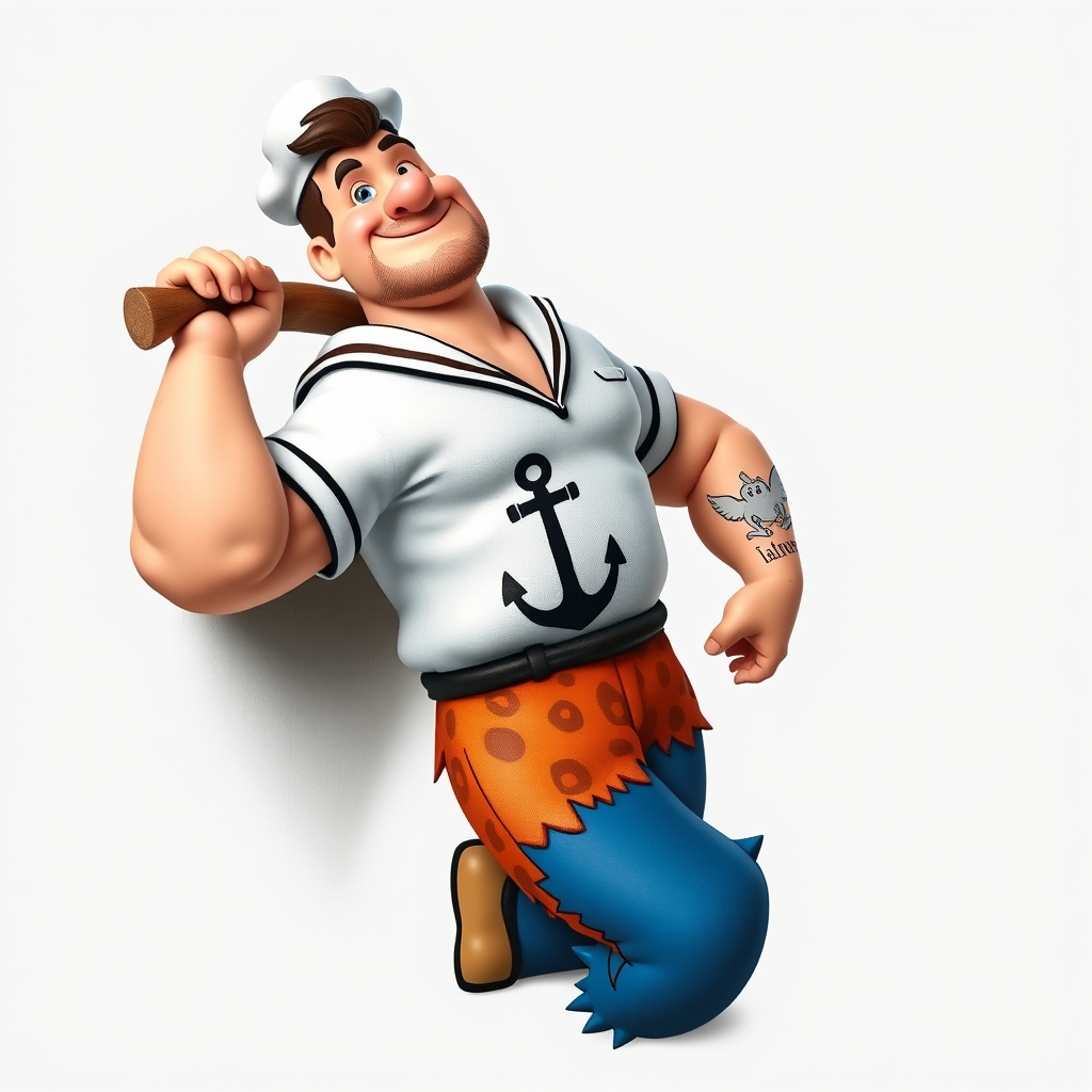A tattoo design of Character & Pose Fred’s Iconic Build + Popeye’s Physique: Fred Flintstone’s round, amiable face—complete with his trademark stubble—is built on Popeye’s muscular frame, especially that legendary forearm power. Anchor Tattoo: Boldly inked on his forearm: Popeye’s classic anchor, seamlessly integrated into Fred’s rugged square-shouldered silhouette. Pose: Leaning casual and confident against Fred’s prehistoric club, angled slightly — suggesting a moment of rest after some mighty feats in Bedrock. Attire + Color Palette Popeye’s Sailor Outfit in Flintstone Hues: Shirt: Popeye’s white sailor shirt—reimagined in Fred’s signature orange-leopard pattern edged with Flintstone-style black jagged trim. Pants: Classic Popeye blue sailor trousers, but dyed in a rich Flintstone orange shade to match the shirt, trimmed black. Hat: Popeye's white cap, but the bill is stone-carved and slightly chipped for prehistoric flair. Props Club (Leaning On): A big, chunky stone club with vein-like cracks—clear Bedrock craftsmanship. Spinach Can (In Hand): A rock-hewn can labeled “Spinach” in a bold chiseled font, a vivid green leaf peeking out. --- 🖌️ Art Style Suggestions Neo‑Traditional / American Traditional Style: Clean, bold outlines (think thick black lines around character). A palette that’s bright but grounded: Flintstone orange, Popeye blue, leafy spinach green, stone-gray for props. Shading with stippling or classic Americana style for depth and texture. Color Balance: Orange-leopard pattern stays the dominant visual theme, grounding the design firmly in Fred's aesthetic—even as the sailor elements pop against it. in the style of traditional. - cartoon characters tattoo design generated by AI tattoo generator
