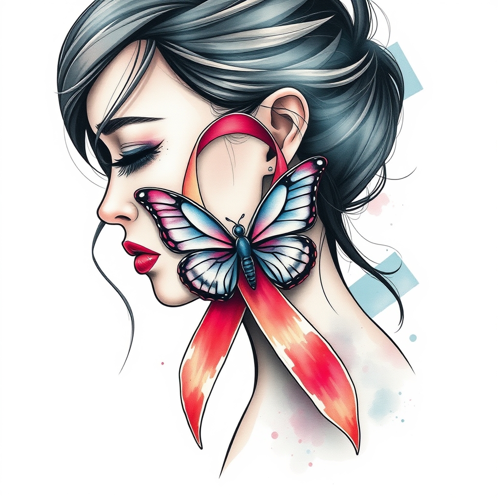 A tattoo design of A woman crying with the domestic awareness ribbon with a butterfly entwined together in the style of watercolor. - domestic awareness tattoo design generated by AI tattoo generator