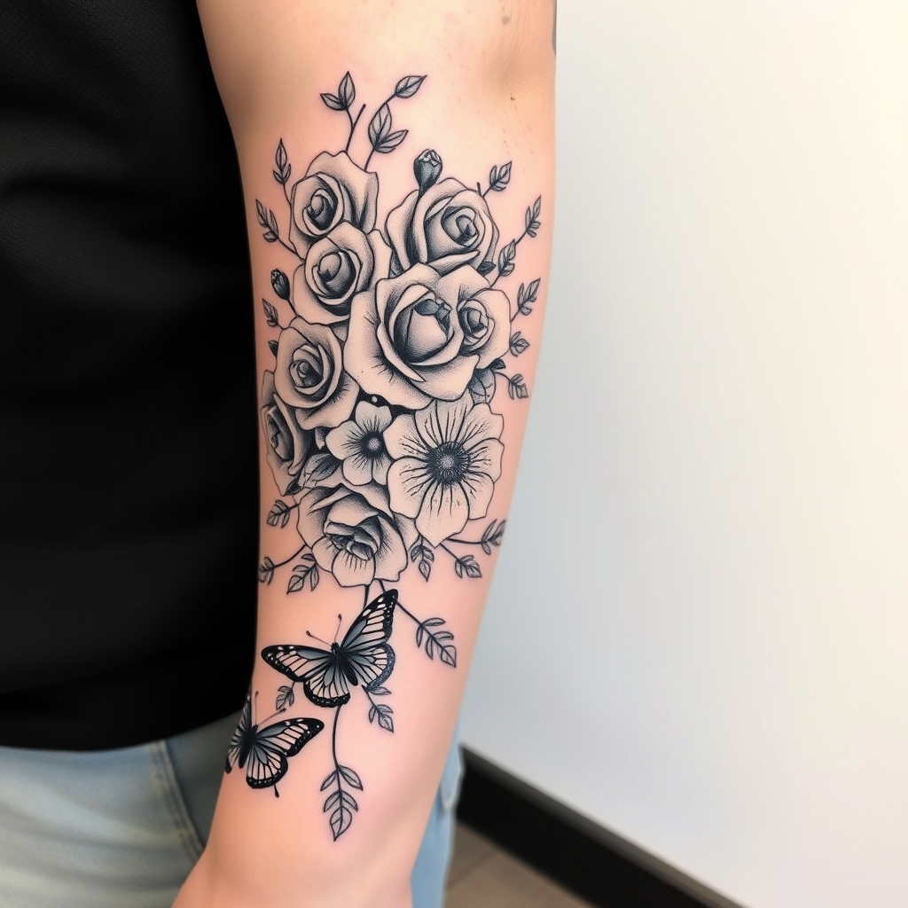 A tattoo design of A nice full half sleeve tattoo on the upper arm with a lot of rose's, butterfly's and minimalist vine leafs. All in black with fine line and one butterfly on the elbow in the style of blackwork. - flowers and insects tattoo design generated by AI tattoo generator
