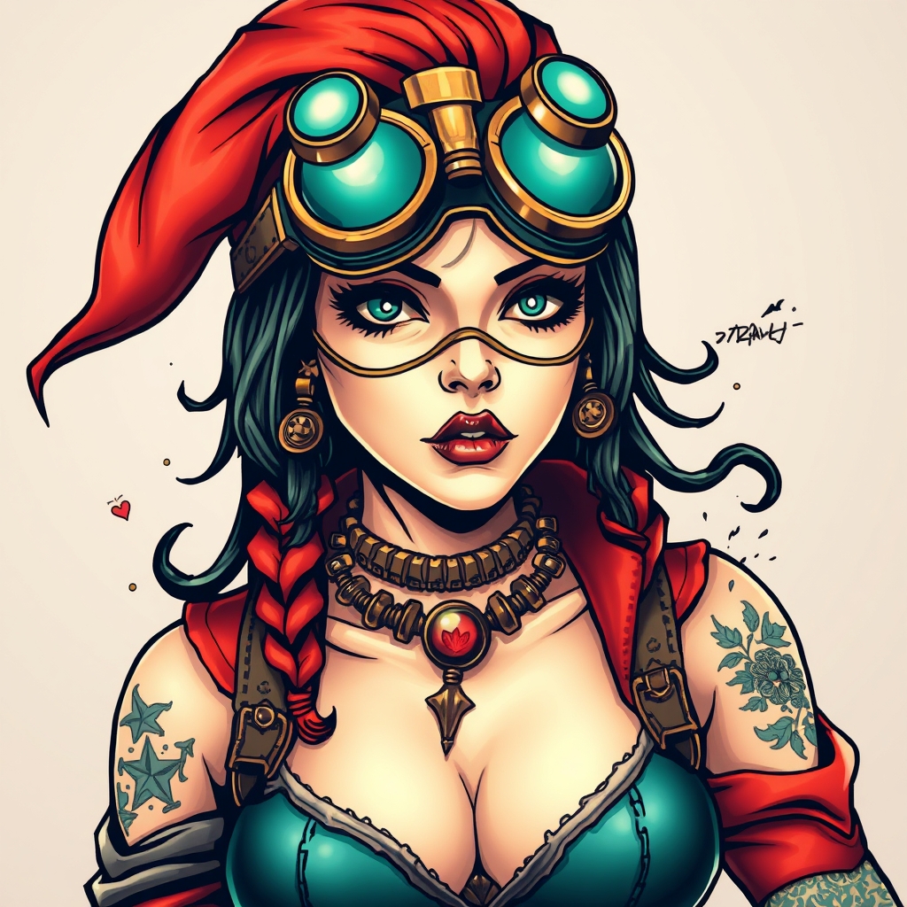 A tattoo design of Steampunk superhero girl who is strange in the style of realistic. - steampunk tattoo design generated by AI tattoo generator
