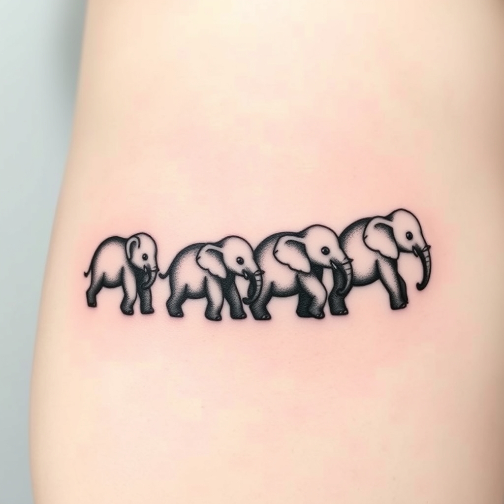 A tattoo design of 4 baby elephants all facing right gradually getting smaller in the style of minimalist. - animals wild tattoo design generated by AI tattoo generator