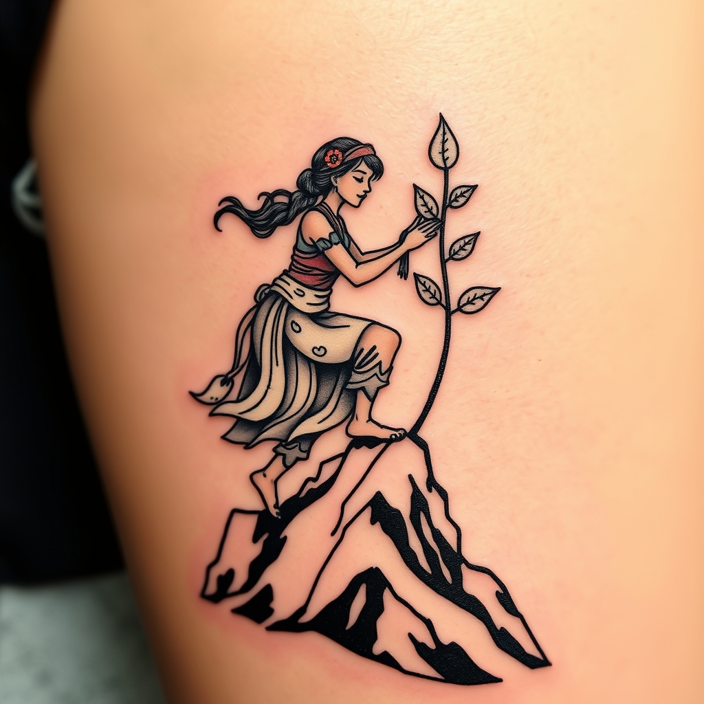 A tattoo design of Woman climbing a mountain carrying a sprouting seed in the style of traditional. - nature tattoo design generated by AI tattoo generator