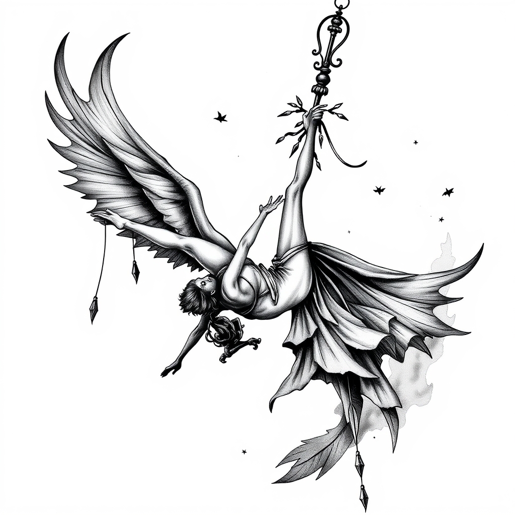 A tattoo design of Fantasy, aerial acrobatics, circus in the style of blackwork. - circus fantasy tattoo design generated by AI tattoo generator