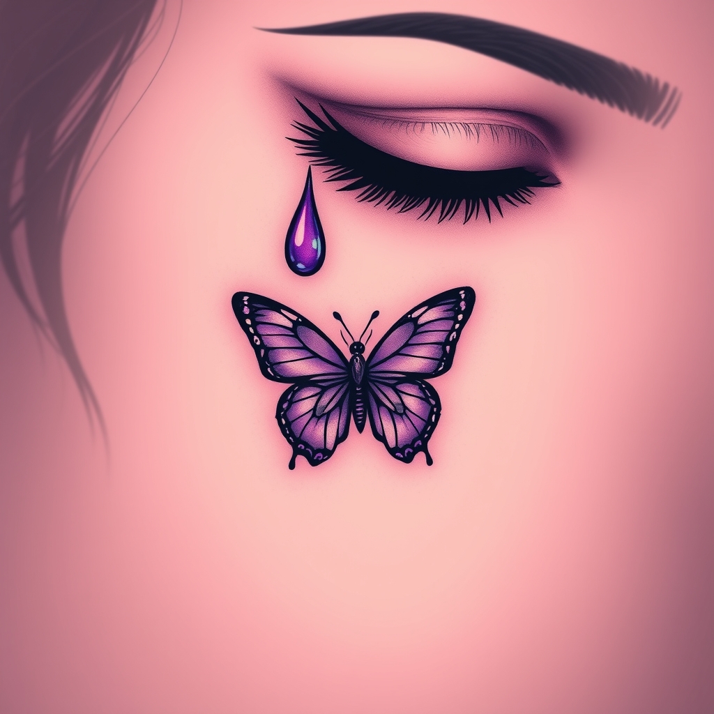 A tattoo design of A tear running down a woman's face with a domestic violence ribbon and a purple butterfly entwined together in the style of minimalist. - domestic violence awareness tattoo design generated by AI tattoo generator