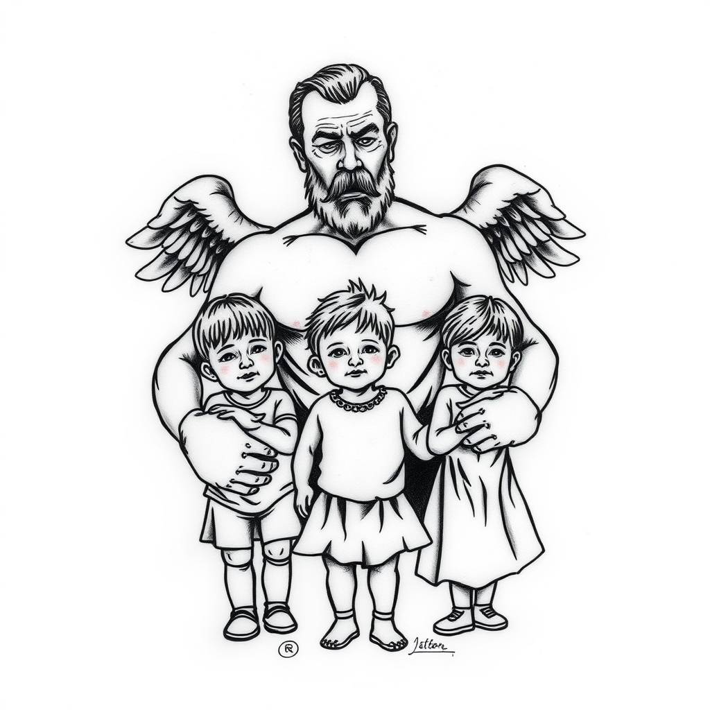 A tattoo design of A father protecting his 3 kids in the style of blackwork. - family protection tattoo design generated by AI tattoo generator