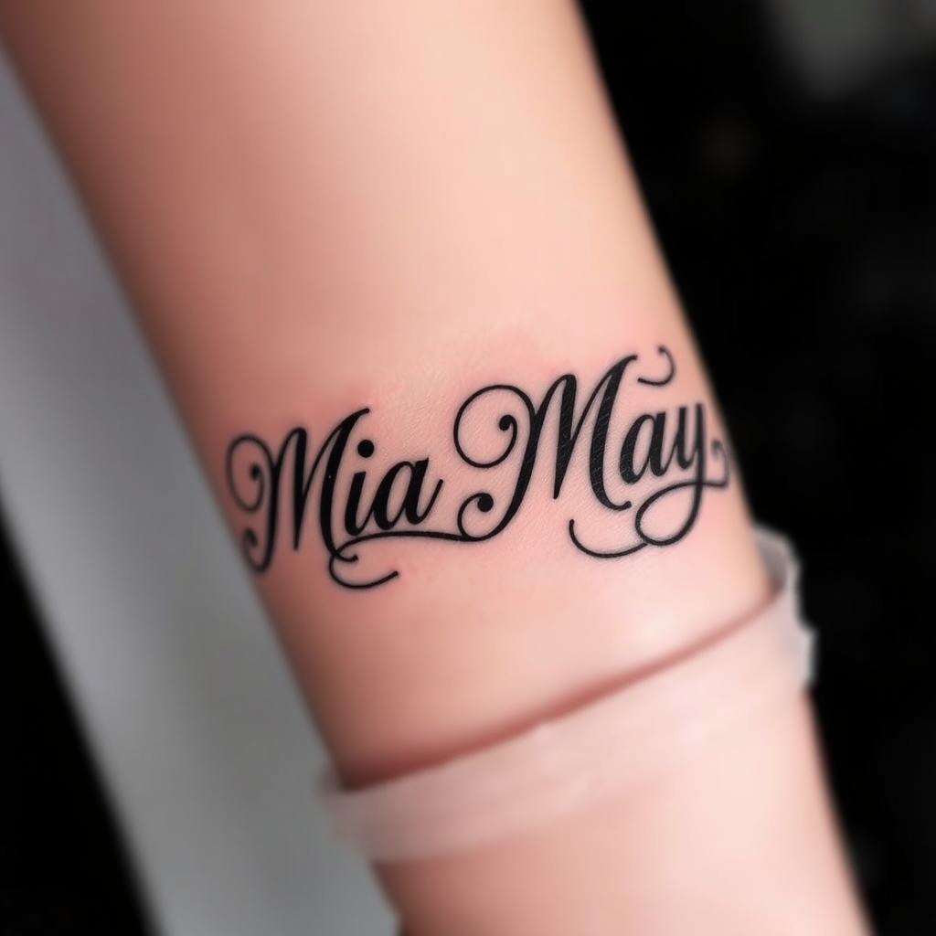 A tattoo design of The name Mia May in the style of realistic. - name tattoo design generated by AI tattoo generator