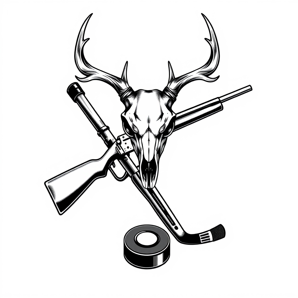 A tattoo design of a deer skull on top of the x of a lever action rifle and a hockey stick all blackout with with a white background with a hockey puck on the bottom of the x in the style of realistic. - hunting sports tattoo design generated by AI tattoo generator