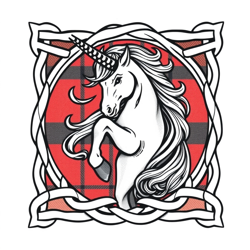 A tattoo design of Scottish unicorn, tartan background, framed in celtic knotted frame in the style of traditional. - mythical creatures tattoo design generated by AI tattoo generator