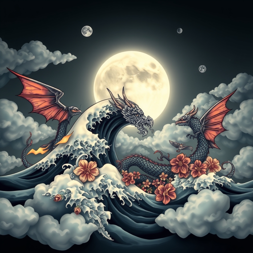 A tattoo design of aves, meets mc escher stairway folding into itself in the sky , the cresting waves turn into dragons, the dragons turn into butterflies and the butterflies turn into flowersin a night scene with the white glowing, with geometric glowing hexagram shaped planets in the sky moon , halfway full, the pale light splashing on the clouds that swirl mimicking the waves and the waves mimic the steady wind, the creating waves turm into dragons and the dragons into flowers in the style of tribal. - surreal landscape tattoo design generated by AI tattoo generator