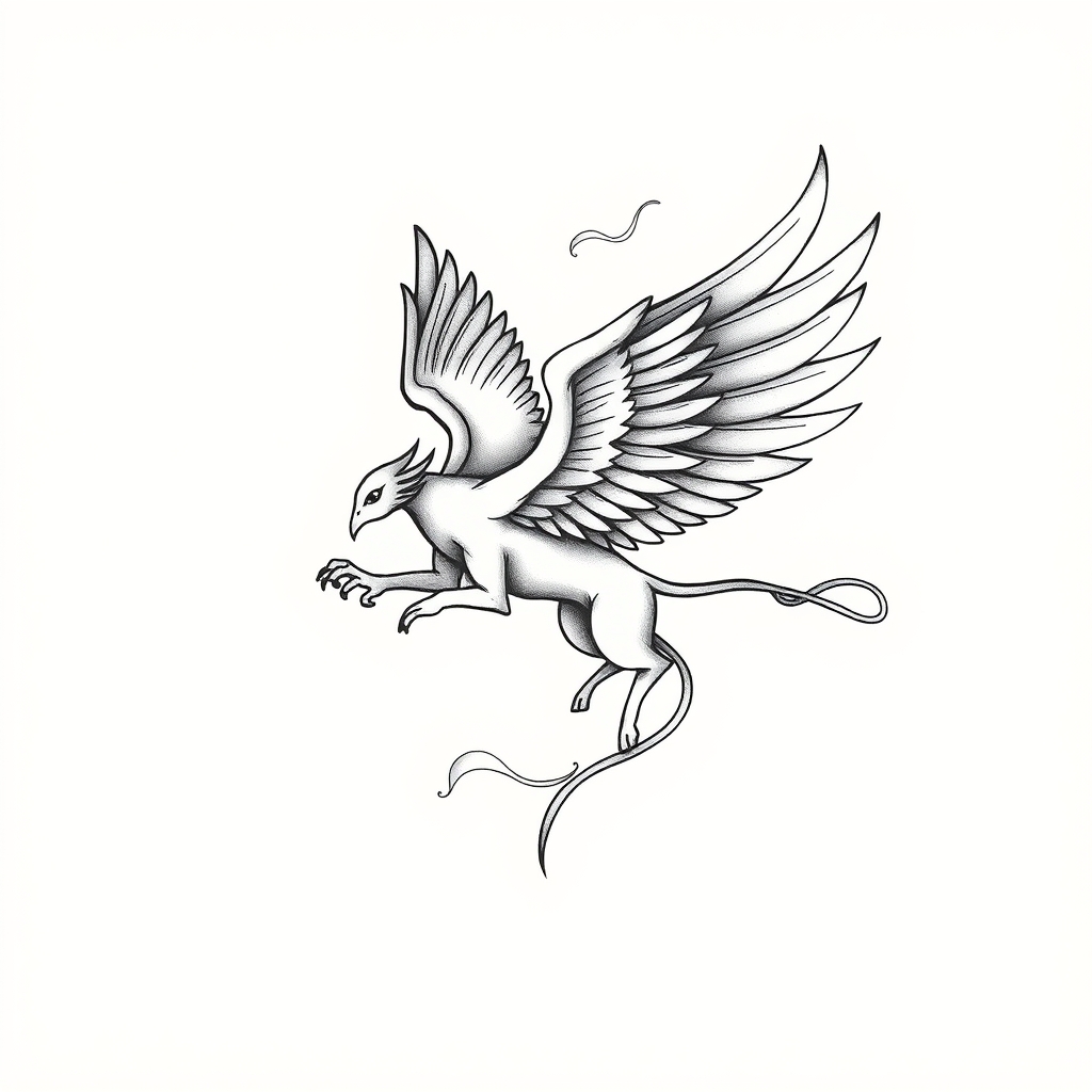 A tattoo design of A griffen in flight with lines made of smoke in the style of minimalist. - mythical creature tattoo design generated by AI tattoo generator