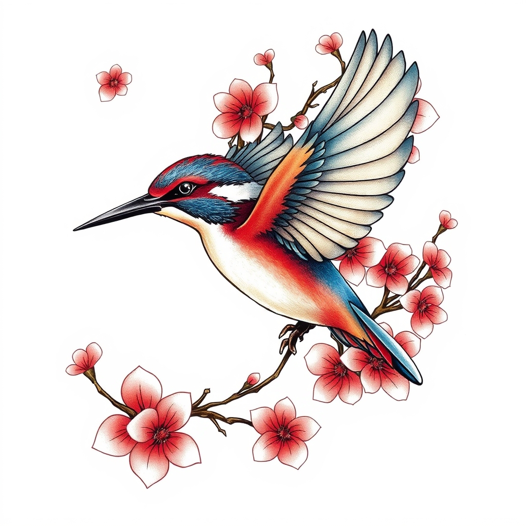 A tattoo design of Kingfisher in flight and cherry blossoms in colour in the style of japanese. - birds and flowers tattoo design generated by AI tattoo generator
