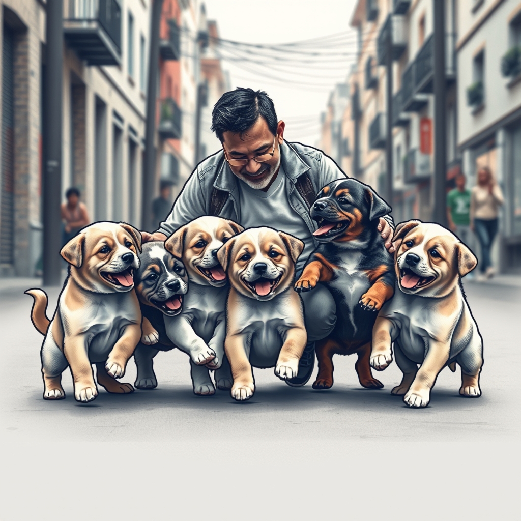 A tattoo design of Seven puppies playing with one man in street in the style of realistic. - animals tattoo design generated by AI tattoo generator