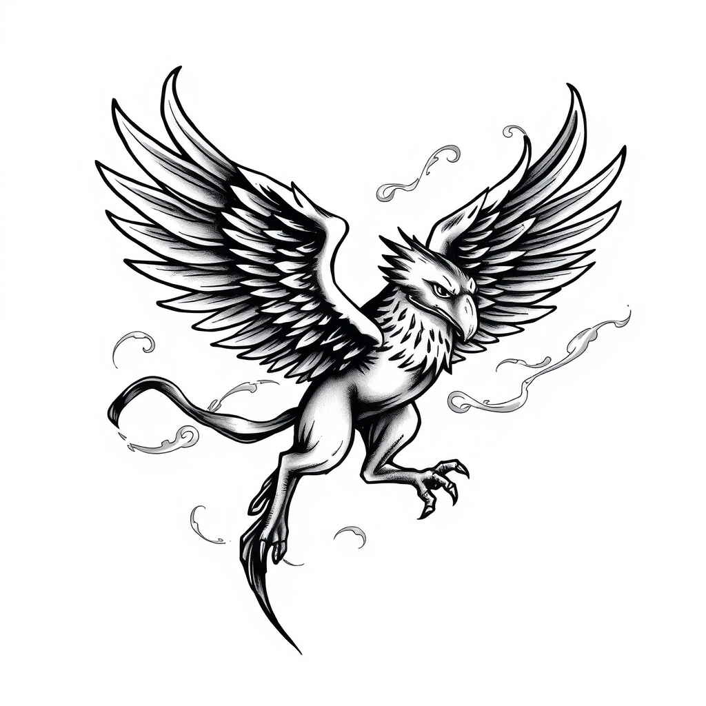 A tattoo design of A griffen in flight with lines made of smoke in the style of traditional. - mythical creature tattoo design generated by AI tattoo generator