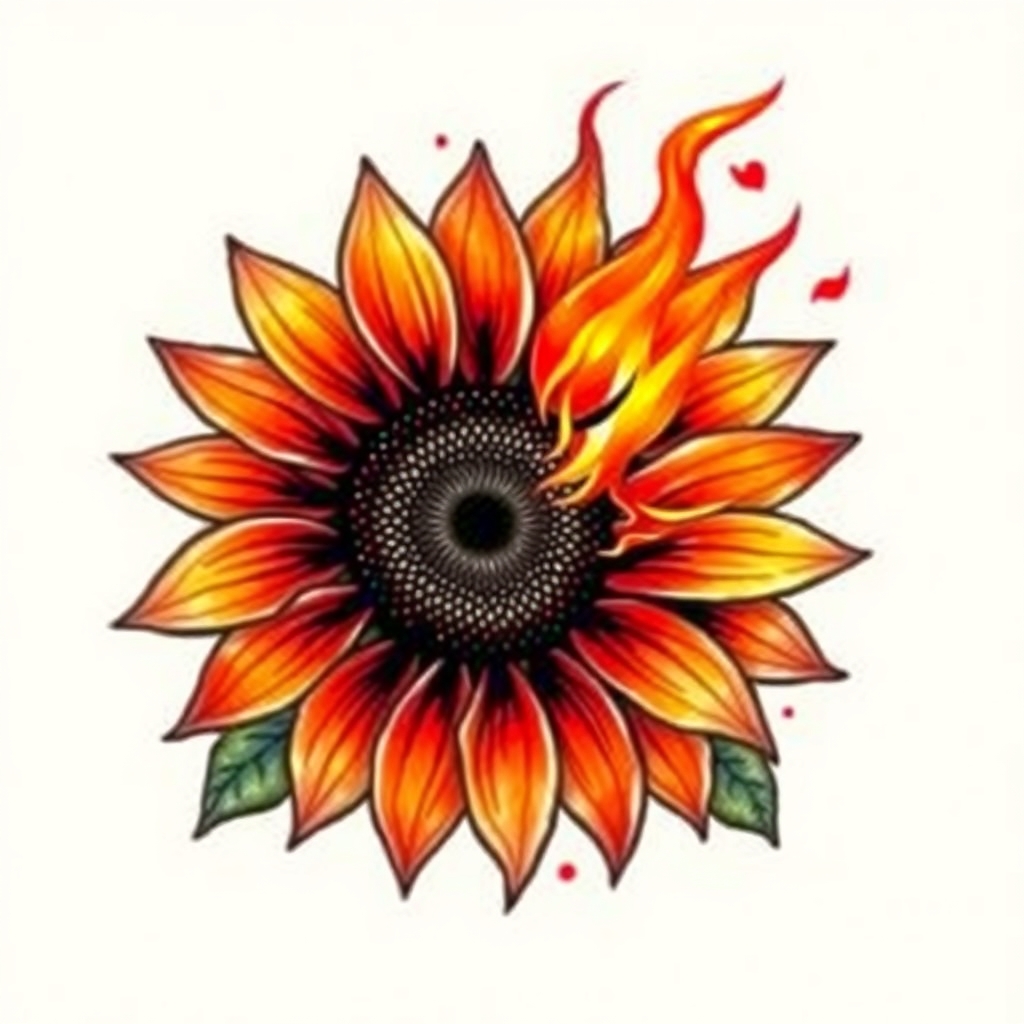 A tattoo design of A sunflower with fire  in the style of watercolor. - flowers and fire tattoo design generated by AI tattoo generator