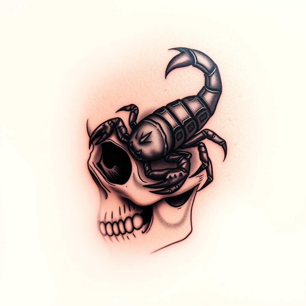 A tattoo design of A scorpion inked on the human skull in the style of realistic. - mythical creatures tattoo design generated by AI tattoo generator