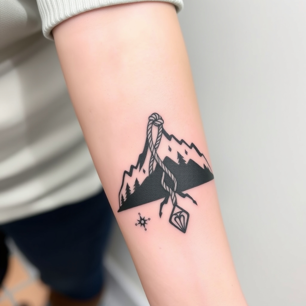 A tattoo design of Core Symbol:  A mountain range silhouette (to represent your shared love of rock climbing and the North Carolina Appalachian mountains — maybe outline Grandfather Mountain or the Blue Ridge).  Winding up the mountain is a rope that intertwines, splitting into separate strands at the top — symbolizing each sibling’s individual journey yet connected by shared roots.   Personal Details:  Along the rope, you could add tiny meaningful symbols:  A discreet spiral or infinity symbol for the OCD journey (many people with OCD use the spiral to symbolize their ongoing, cyclical thoughts — the rope’s twists can echo this too).  A small open door or key tucked into the design to represent therapy — growth, courage, and openness.  A heart or compass rose with subtly worked in to show the family bond.    Style:  Black linework with fine details — maybe in a delicate single-needle style.  If you want color, soft greens and blues could nod to North Carolina’s lush landscape.   Placement Ideas:  Forearm or upper arm — so each sibling can see their piece and it works well as a matching or puzzle-style tattoo.  Each sibling could have the same mountain base, but the rope could be slightly different for each — making them unique but unified. in the style of realistic. - family bond tattoo design generated by AI tattoo generator