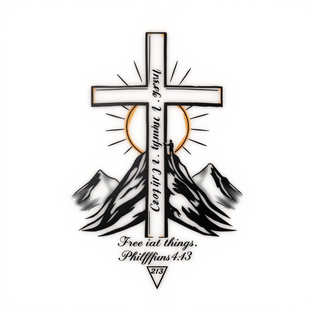 A tattoo design of **Central Element:** A strong, stylized cross, symbolizing Christ’s strength. - **Incorporated Text:** The verse reference “Philippians 4:13” elegantly scripted along the cross’s vertical or horizontal bar. - **Additional Symbols:** - A subtle, yet bold image of a mountain or an ascending figure to represent overcoming challenges. - Rays of light or a halo effect radiating from the cross to symbolize divine strength and guidance. - **Style Suggestions:** - Minimalist black ink for a clean, timeless look. - Or a more intricate design with shading and subtle color accents e.g., gold or deep blue to emphasize spiritual strength. with the sun shining and someone standing at the top of the mountain and quote I can do all things through Christ which strengtheneth me. in the style of traditional. - christian faith tattoo design generated by AI tattoo generator