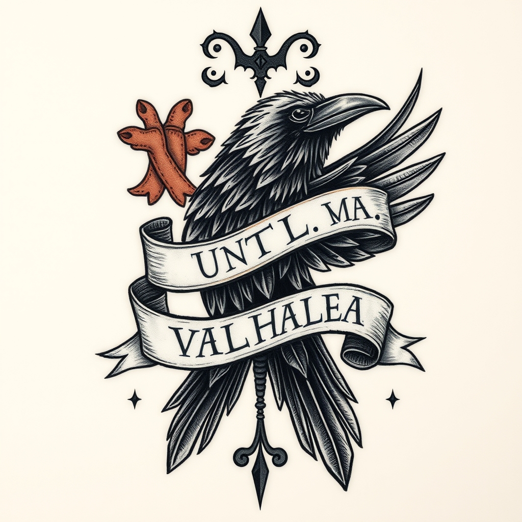 A tattoo design of Raven pow mia flag with a rune banner that says until Valhalla in runic text in the style of surrealistic. - norse mythology military tattoo design generated by AI tattoo generator